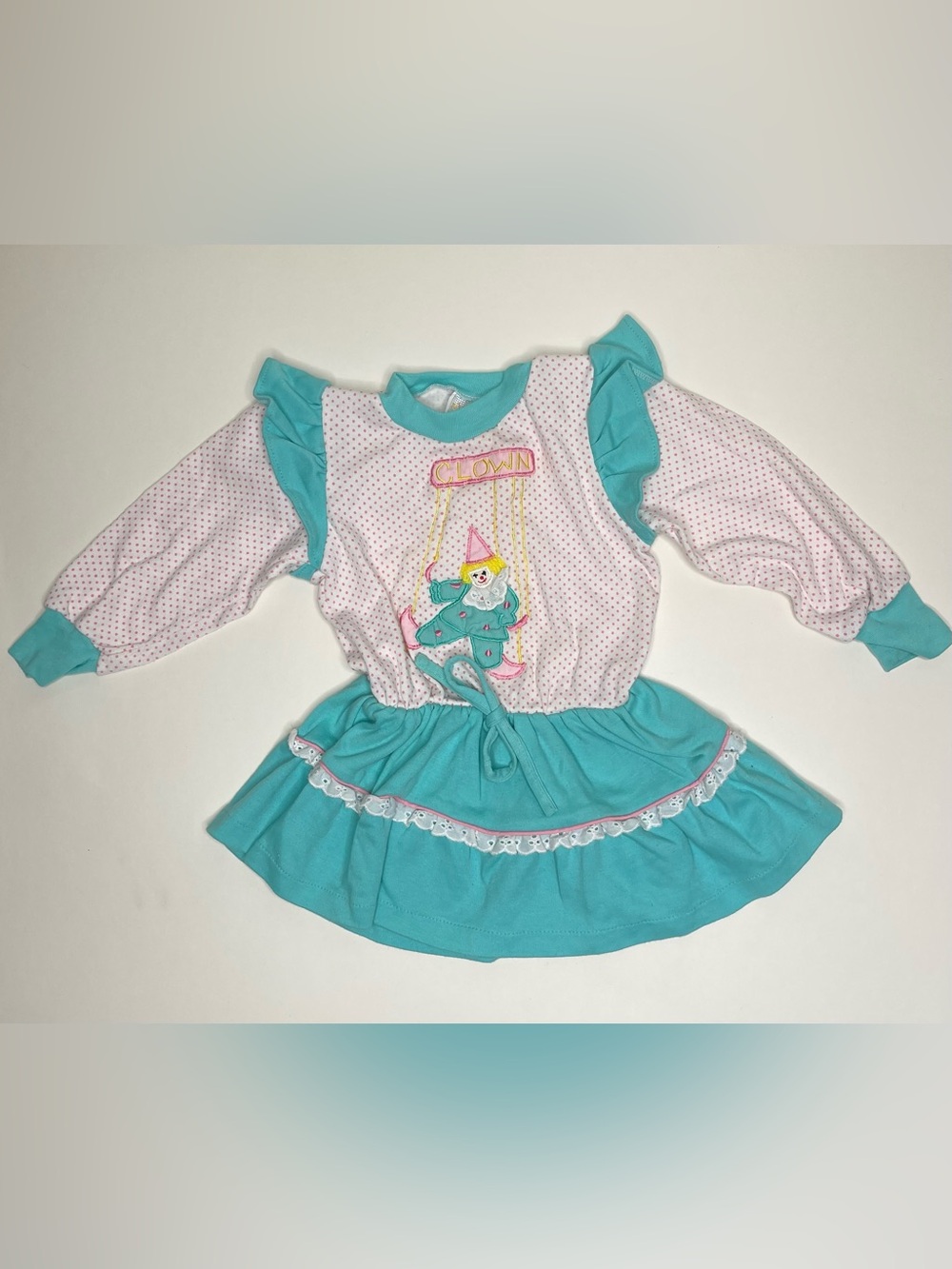 Girls Turquoise Clown Appliqué Pink Polka Dot Ruffle Dress